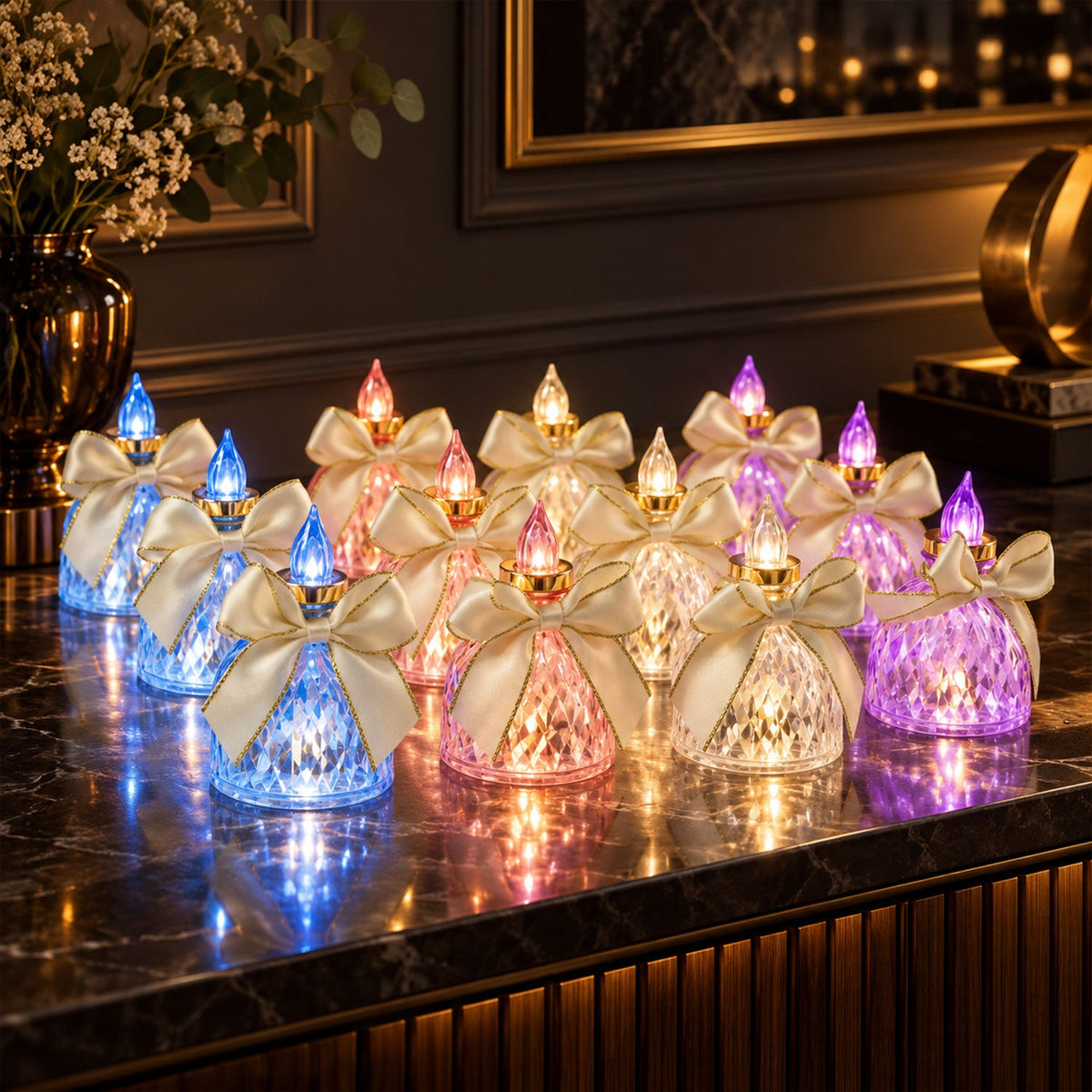 Twelve faceted LED candles with cream bows and gold trim glow in blue, pink, and purple hues on a dark marble surface.