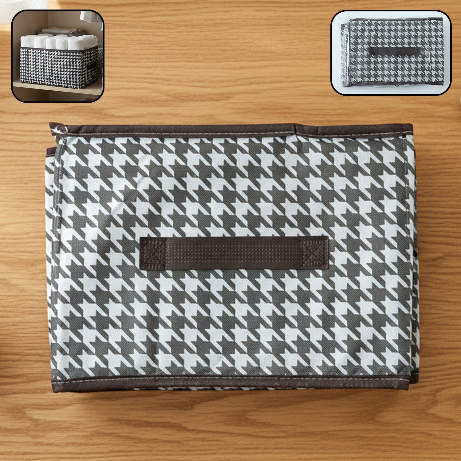 Foldable fabric storage basket displayed