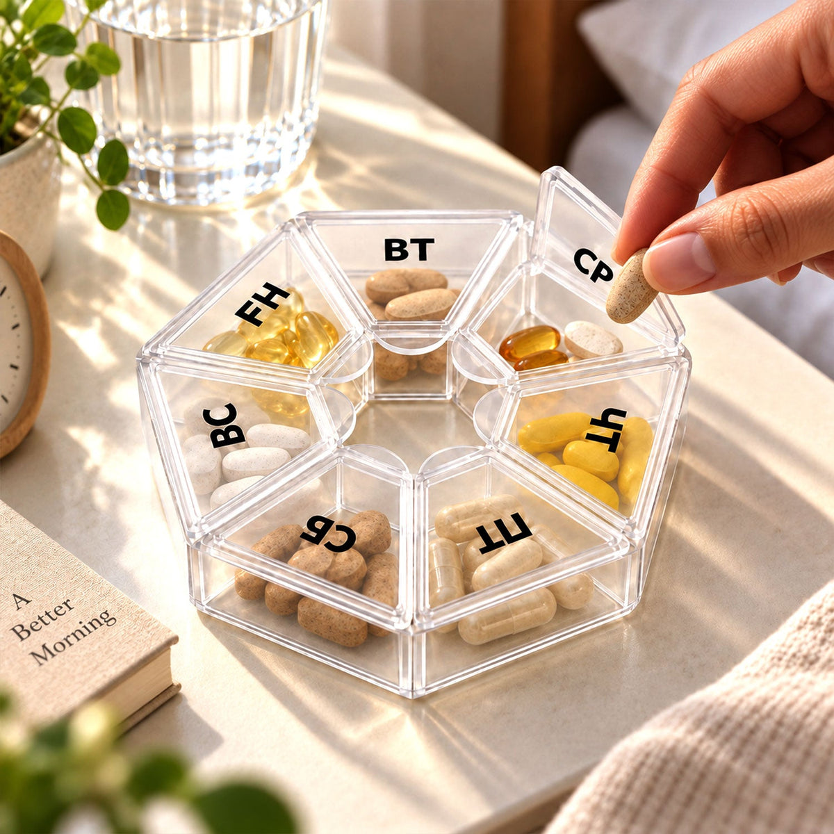 A hand places a beige pill into a clear hexagonal pill organizer filled with various colorful supplements.
