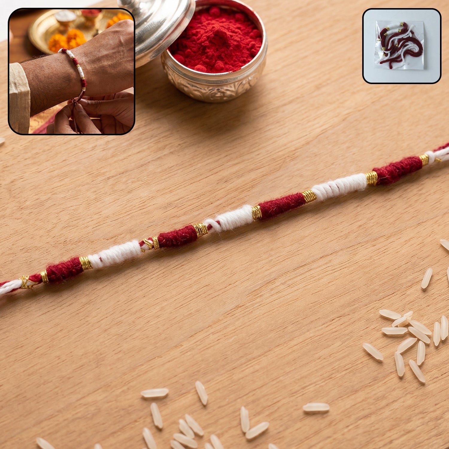 Handmade Red and White Thread Rakhi with Golden Beads