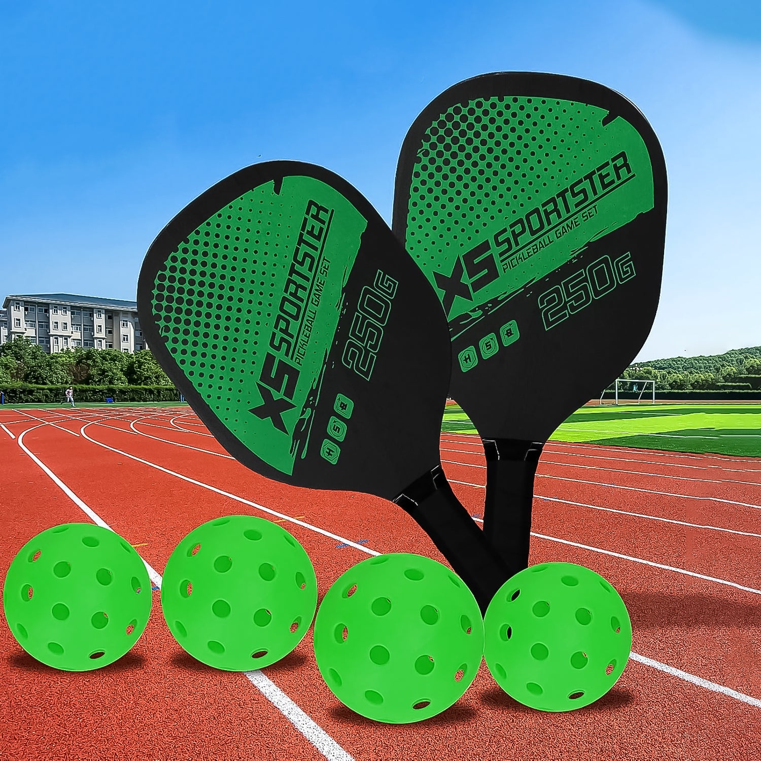 Two lightweight pickleball paddles with perforated balls