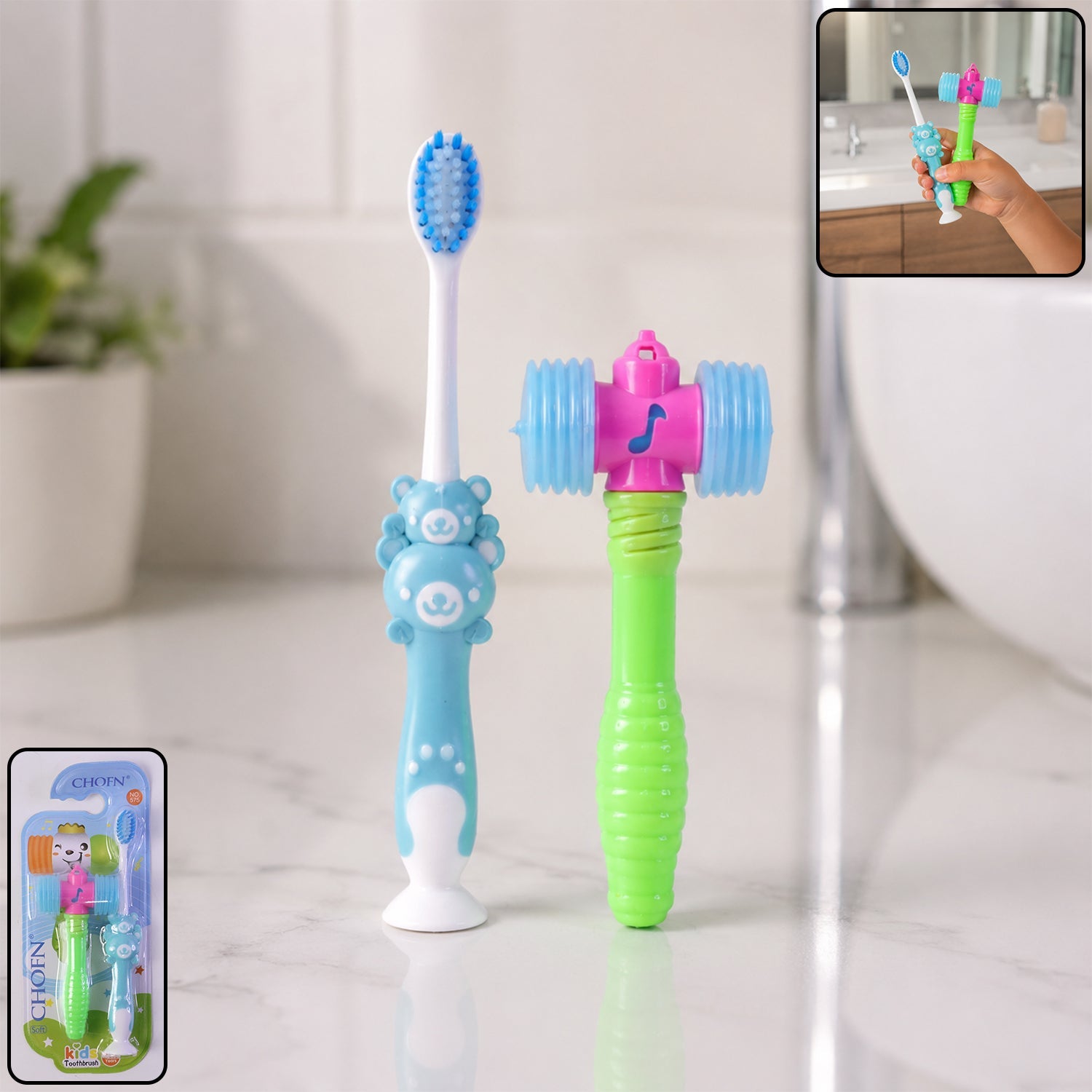 Kids' toothbrush & hammer toy set in colorful packaging