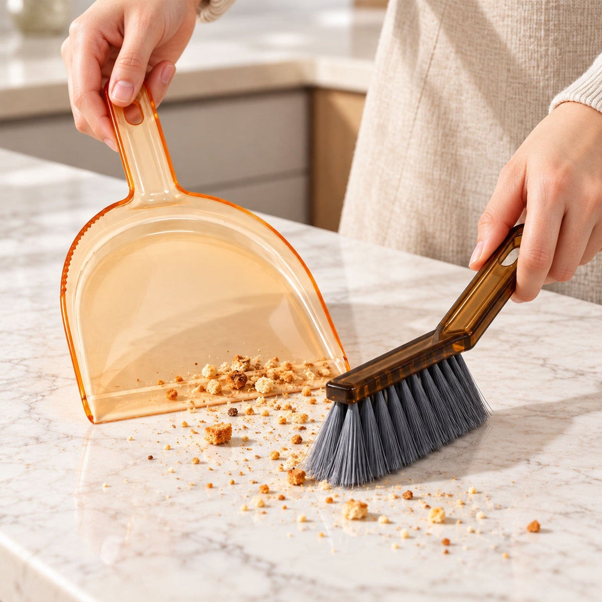 A person uses a dark brown hand brush to sweep crumbs into an amber plastic dustpan on a light marble counter.