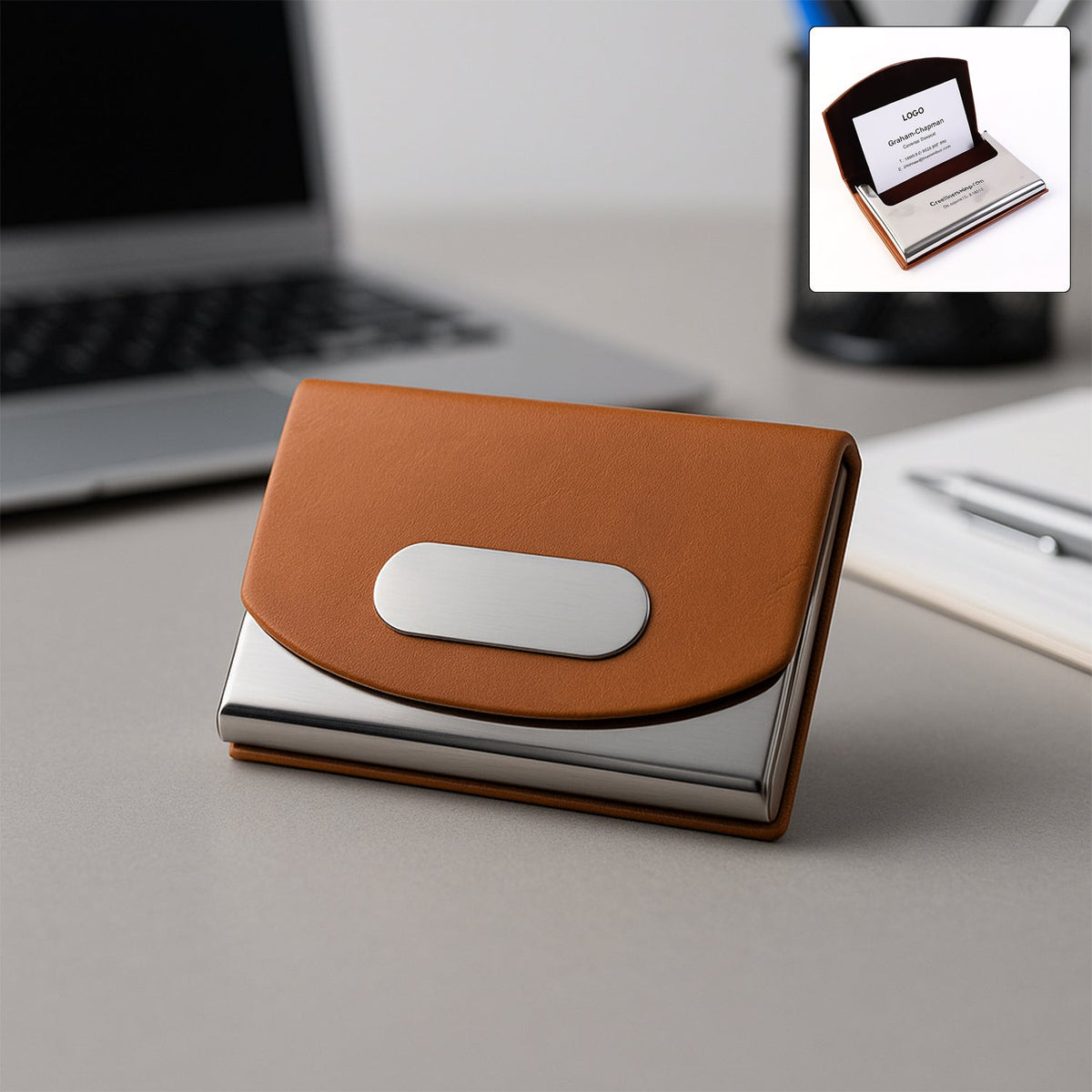 Leather & Stainless-Steel Business Card Holder (1 Pc)