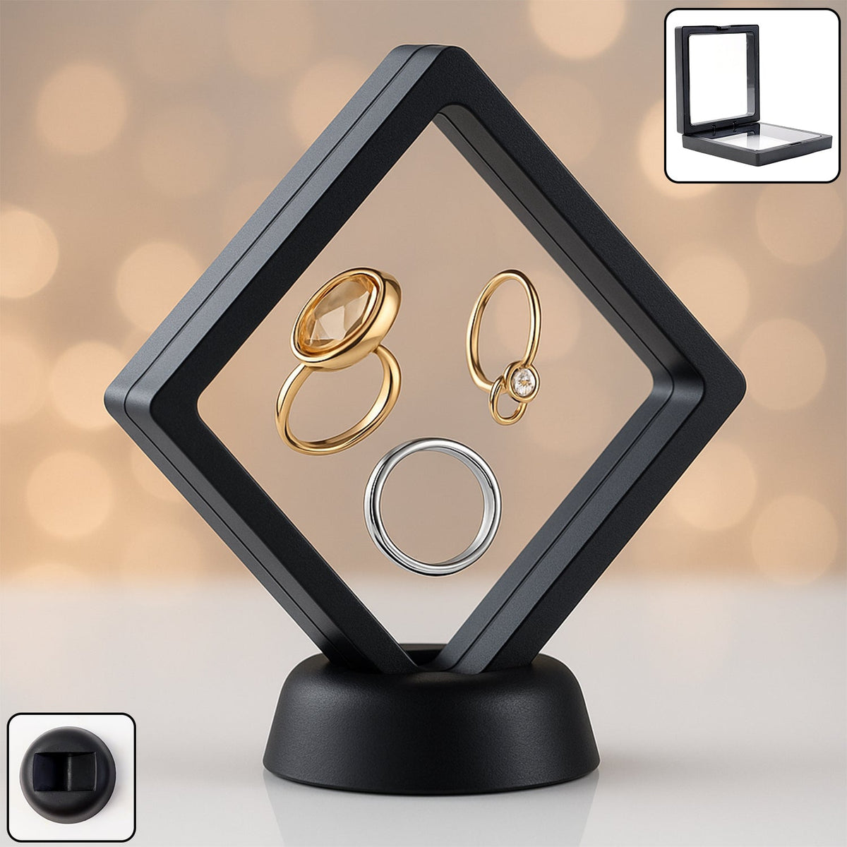 Transparent floating jewellery display box with black frame showing rings and earrings
