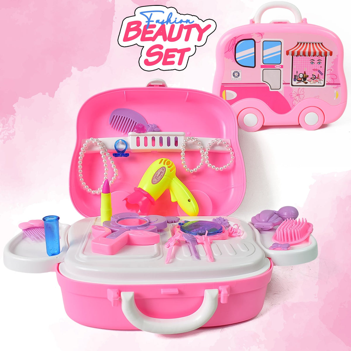 Closed pink wheel suitcase cosmetic toy set