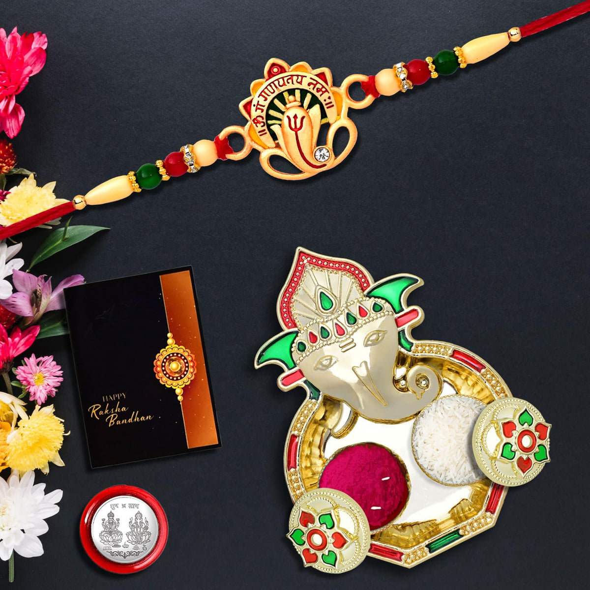 (K1_507_AA3) Rakhi Combo with Pooja Coin, Shri Ganesh Pooja Thali / Tilak Set & Greeting Card, rakhi thali set | Rakhi with plate | rakhi hamper | handmade rakhi | rakhi for brother kids | rakhi for brother and bhabhi | men fancy rakhi | rakhi set