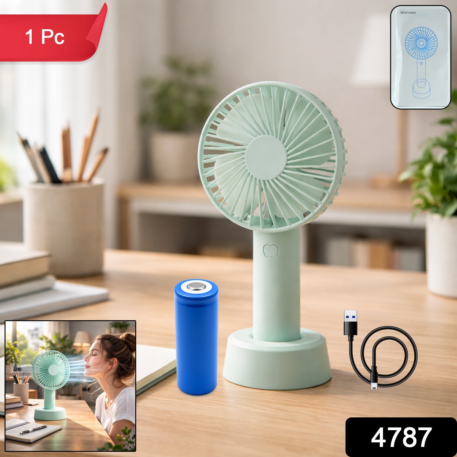 Side view of portable handheld fan showing compact size