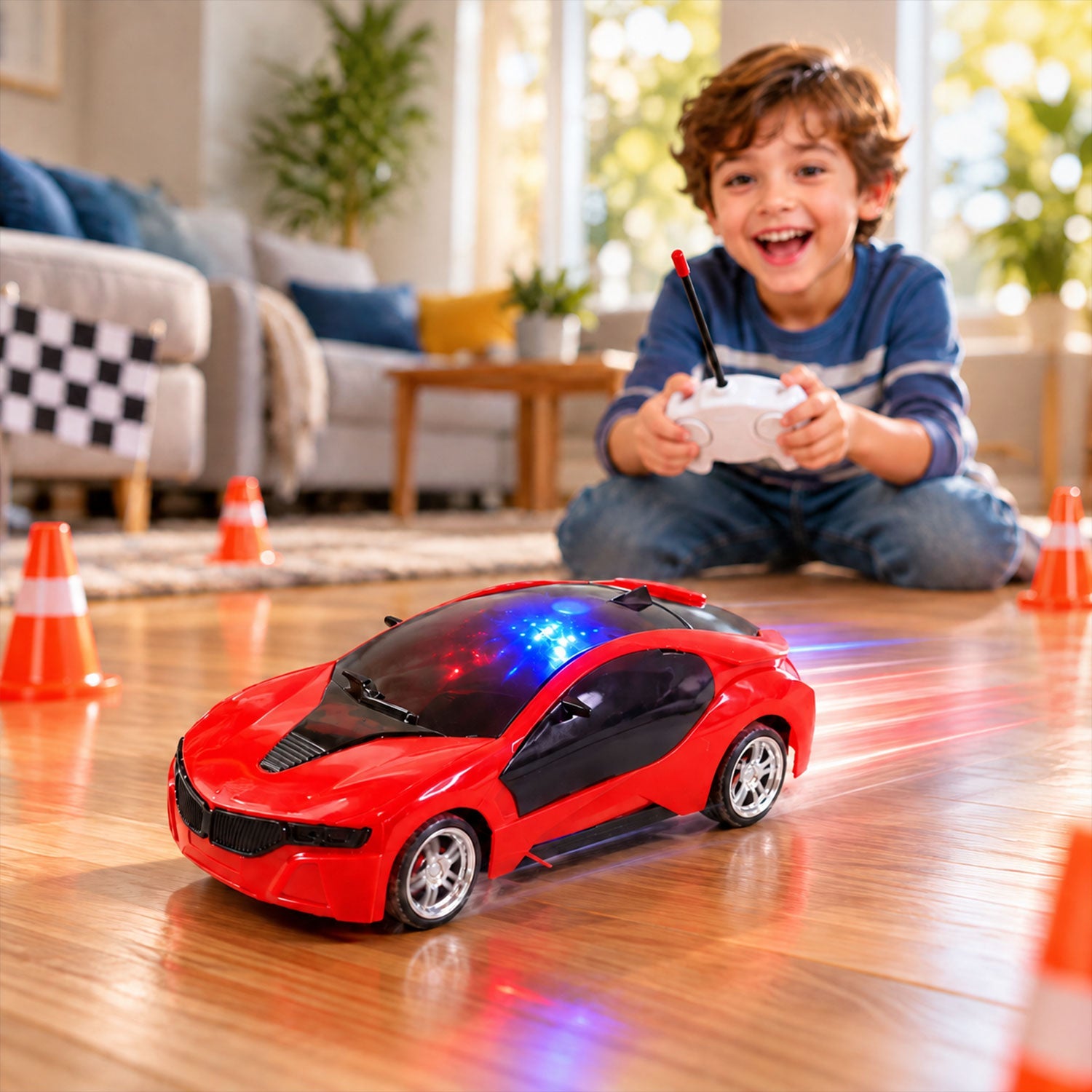 Front view of rechargeable RC sports car toy with lights illuminated