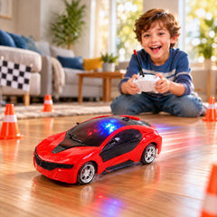 Front view of rechargeable RC sports car toy with lights illuminated