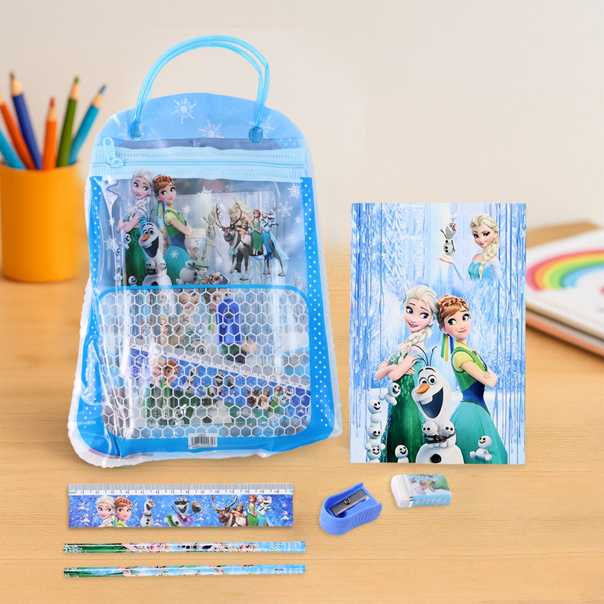 Kids 6-piece stationery kit with pencils, sharpener, scale, notebook, and zip bag