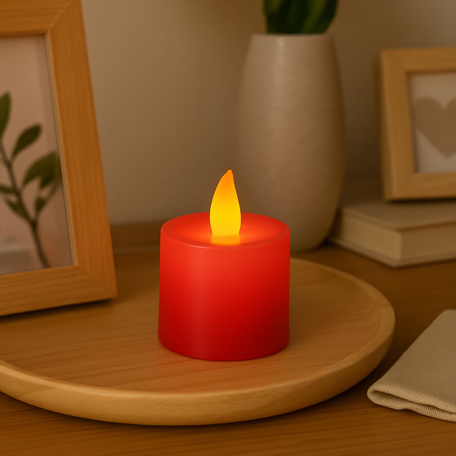 Red LED Tea Light Diya, glowing softly, perfect for Diwali decorations.