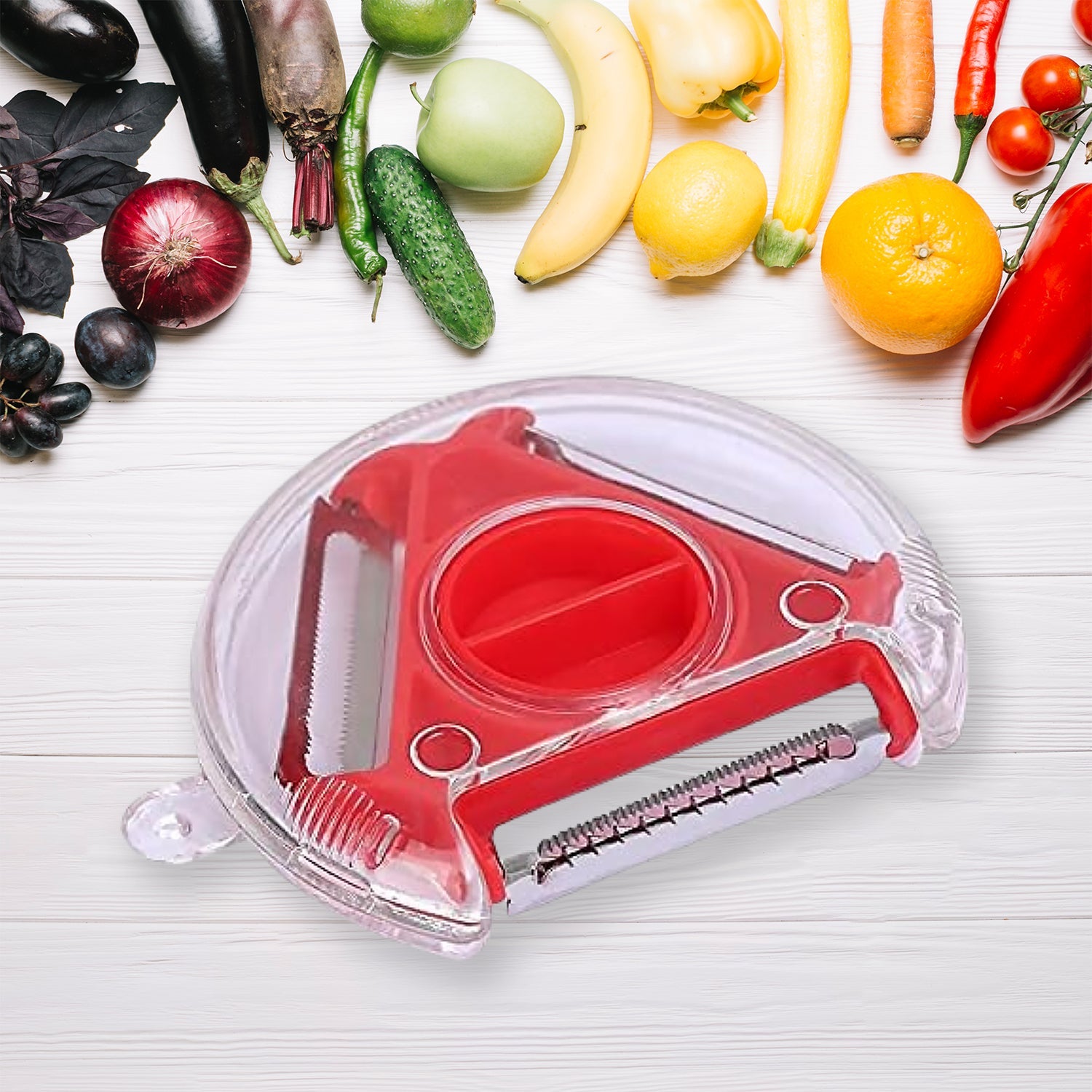 Hand holding the ergonomic 3-in-1 vegetable peeler, ready for use.