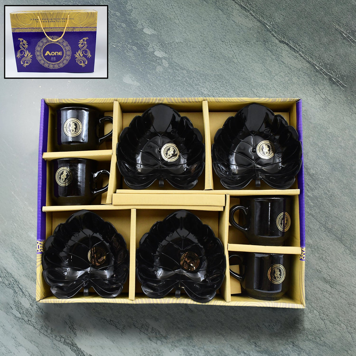 A One Ceramic Tea Cups with Leaf-Shaped Serving Bowls