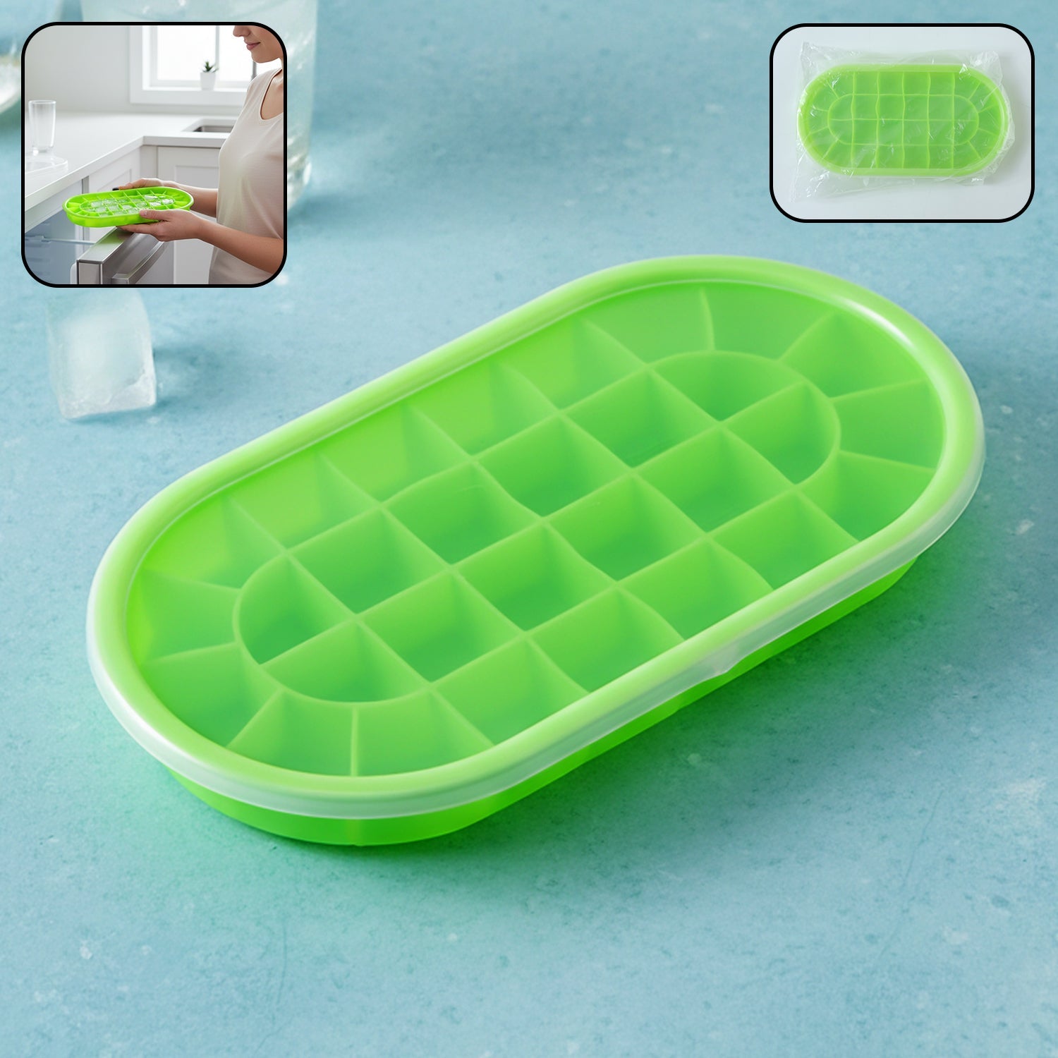 Oval silicone ice cube tray with lid
