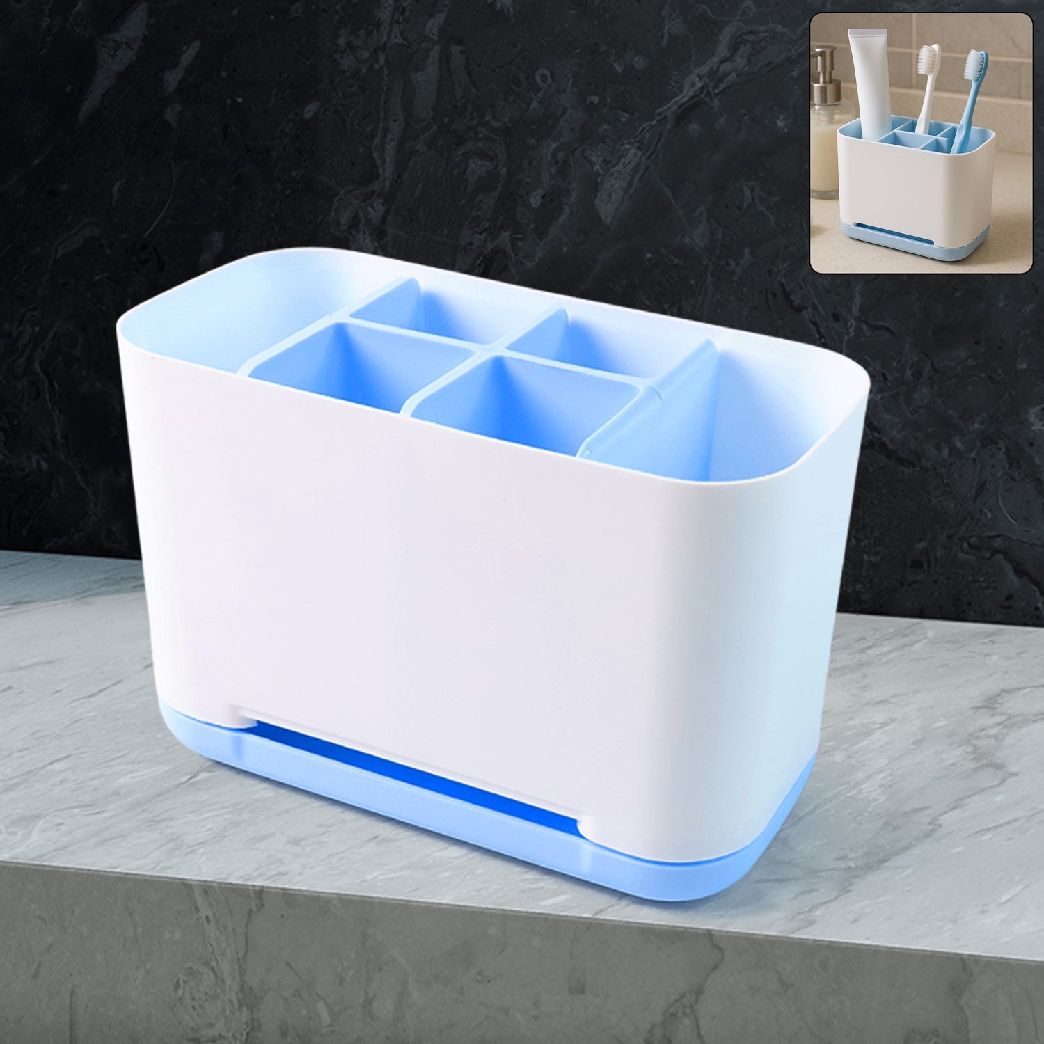 Toothbrush holder with multiple compartments organizing bathroom items