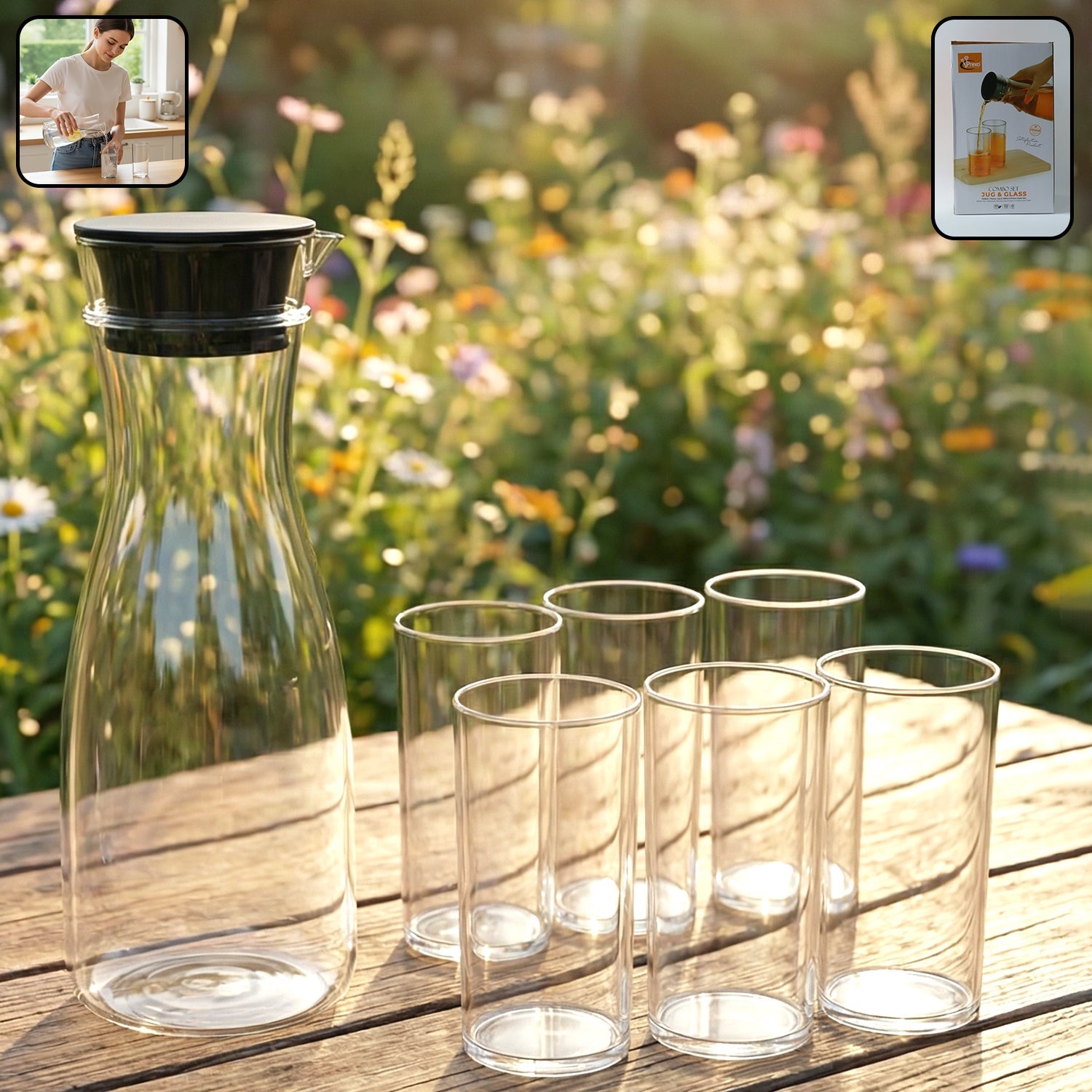 plastic water jug and drinking glass set with 6 glasses