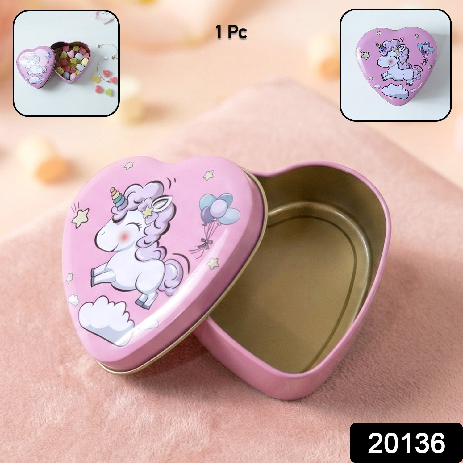 Decorative unicorn tin box in heart shape