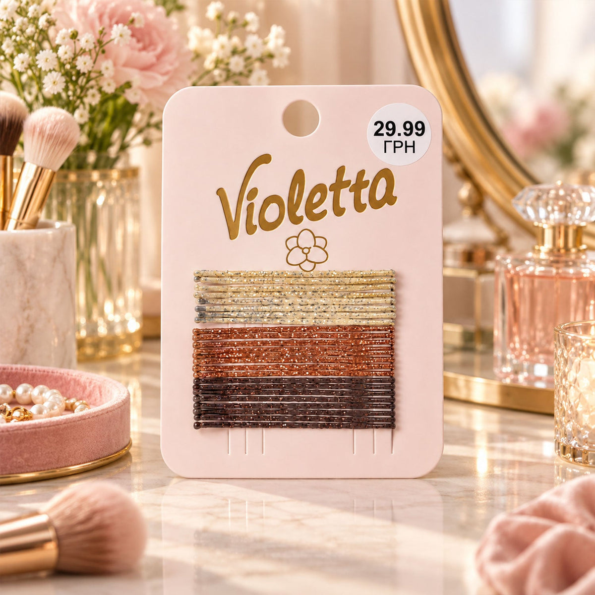 A pack of 24 glittery bobby pins in gold, copper, and dark brown, displayed on a pink card.
