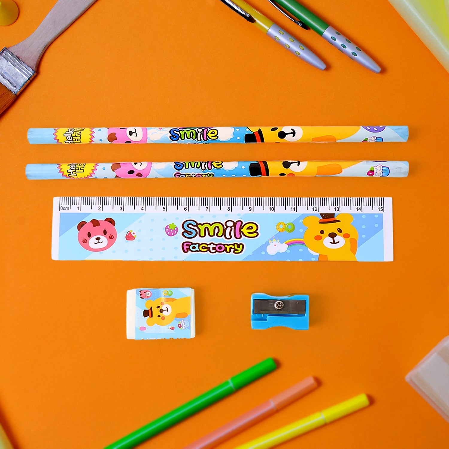 Complete wooden stationery set items laid out