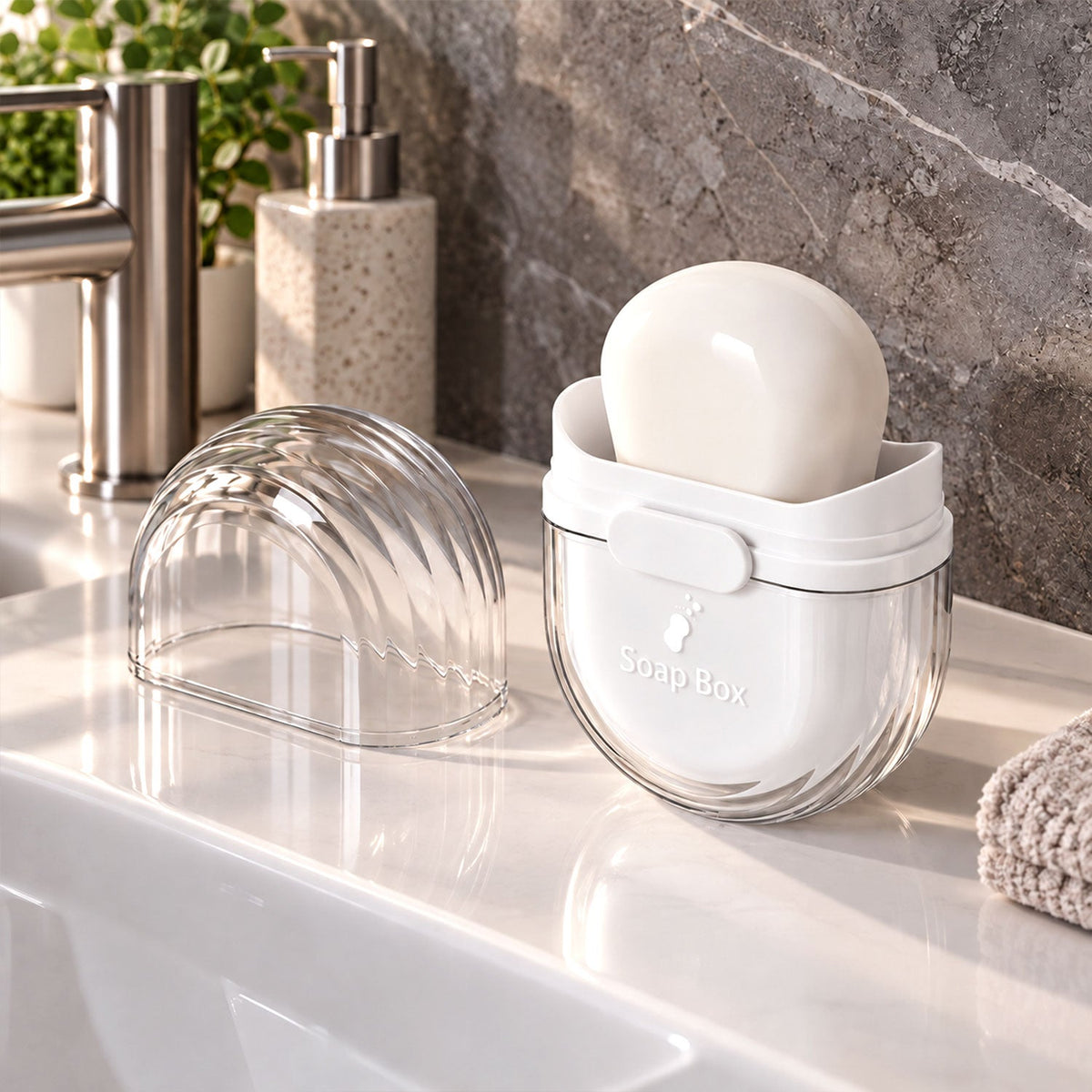 A clear and white oval soap box with a bar of soap inside, displayed open on a bathroom counter. The clear lid is next to it.