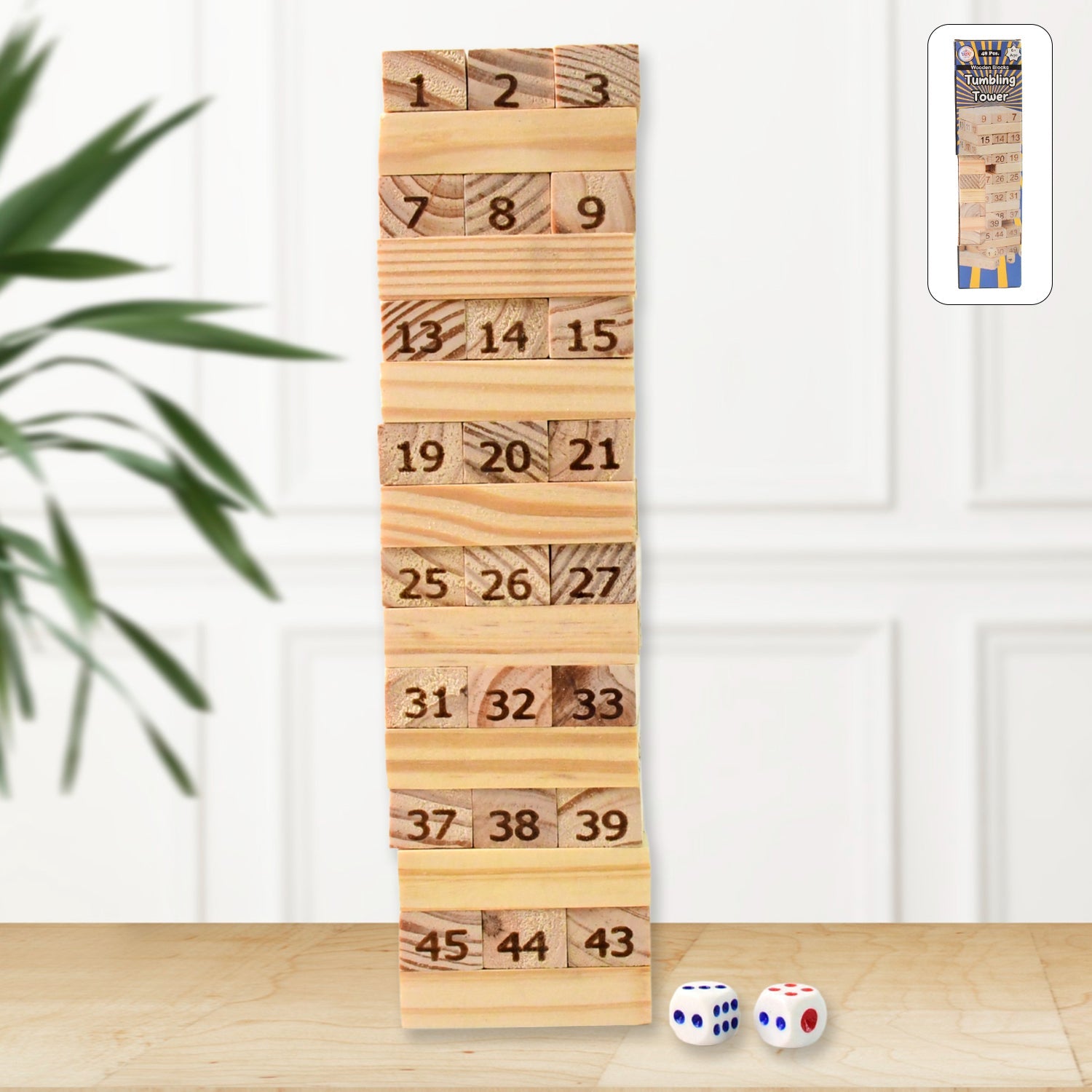 48-piece wooden tumbling tower stacking game set shown assembled