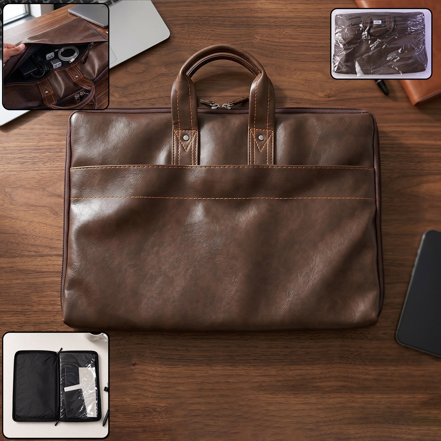 Elegant brown leather laptop bag with sturdy handle for office and travel
