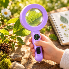 A child's hand holds a purple magnifying glass with a compass, examining a vibrant green leaf outdoors amidst pinecones and