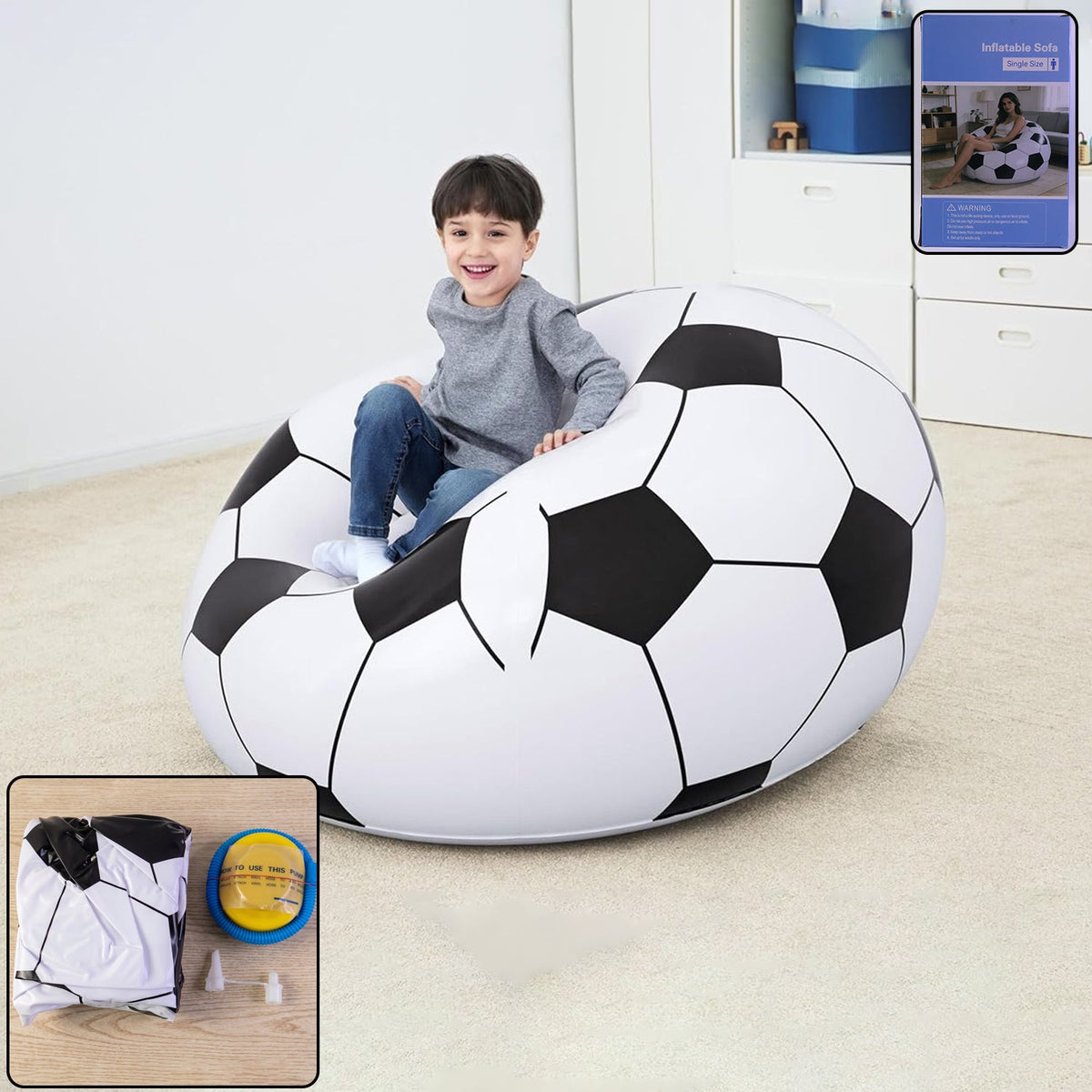 Inflatable soccer ball lounge chair in black and white, perfect for kids' bedrooms and play areas