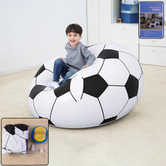 Inflatable soccer ball lounge chair in black and white, perfect for kids' bedrooms and play areas