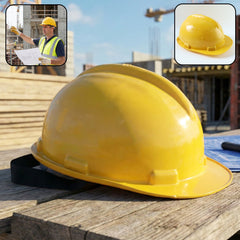Yellow safety helmet with durable impact-resistant shell for industrial use
