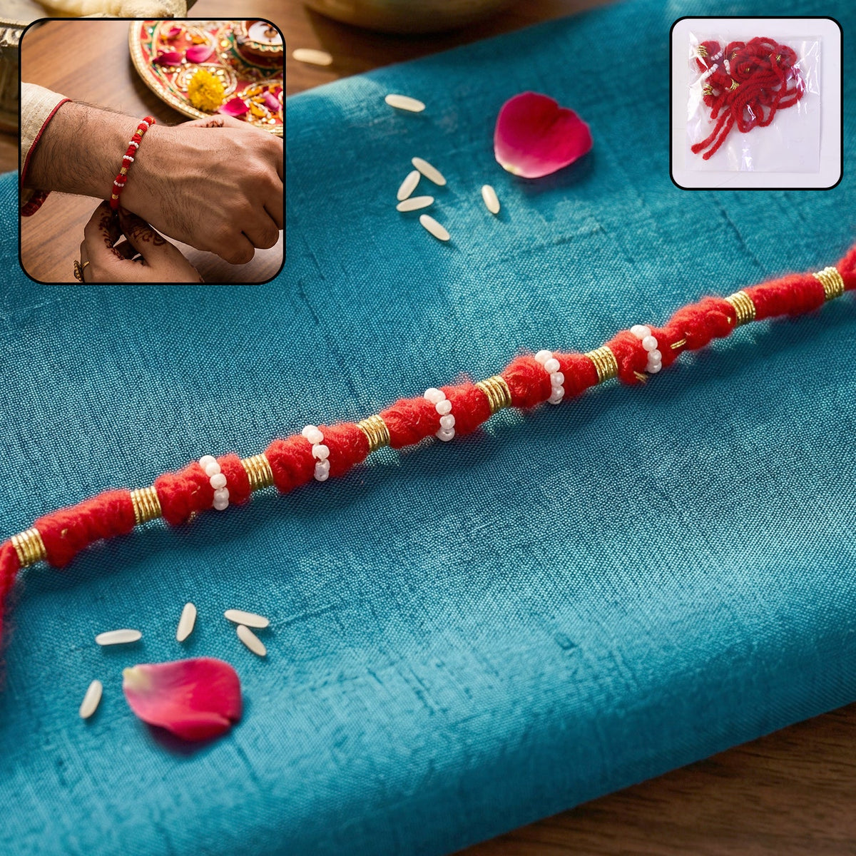 Handmade Red Bracelet Rakhi with White Beads (1 Pc)