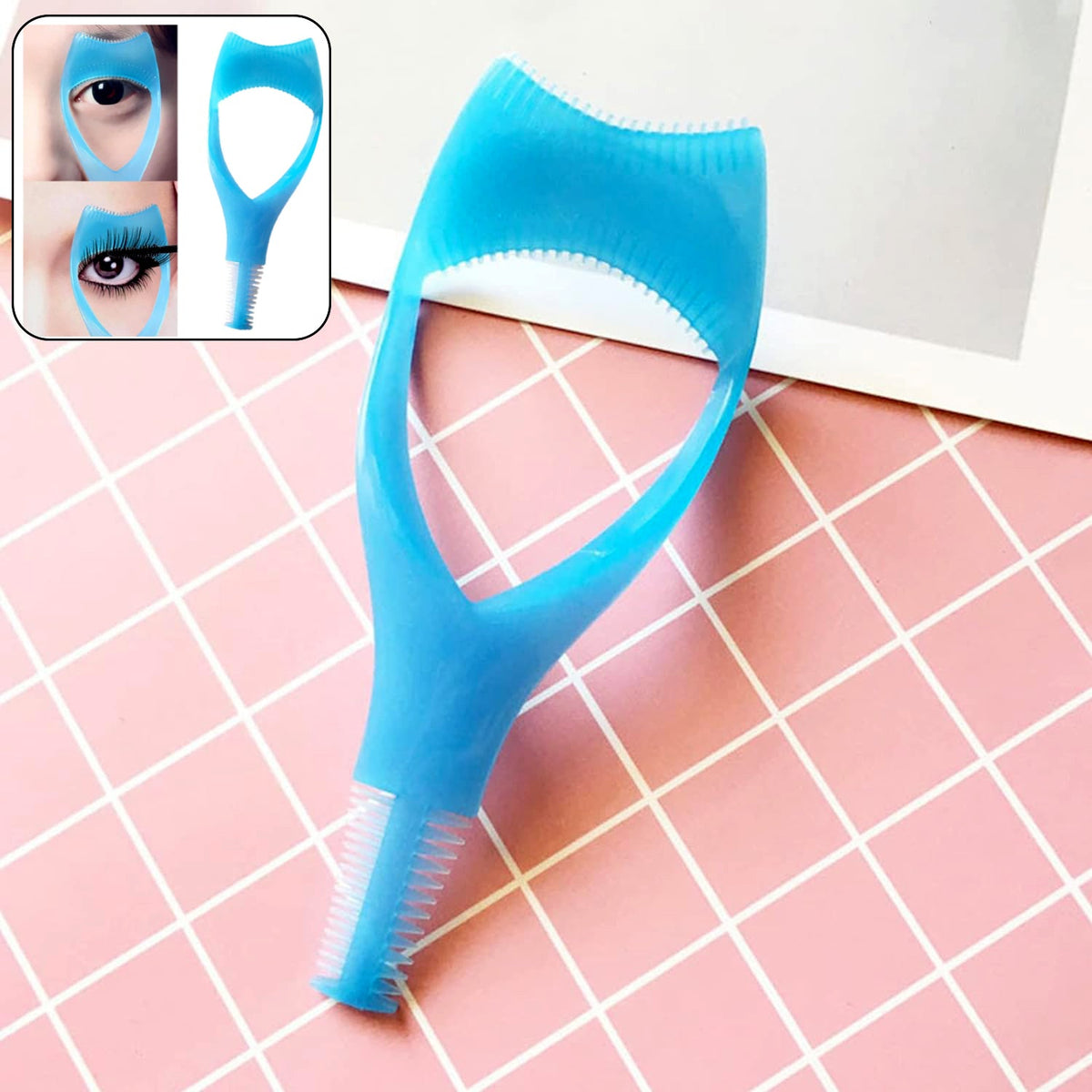 3-in-1 plastic eyelash tool with mascara guide, brush, and curler