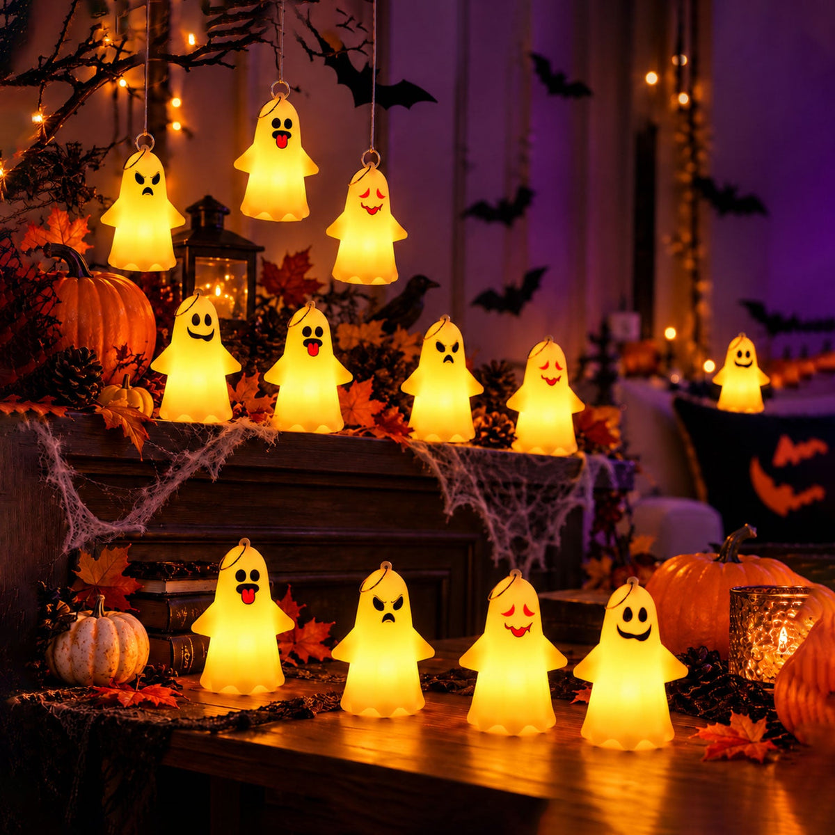 Twelve glowing white ghost lights with different faces illuminate a Halloween-themed table with pumpkins and spiderwebs.