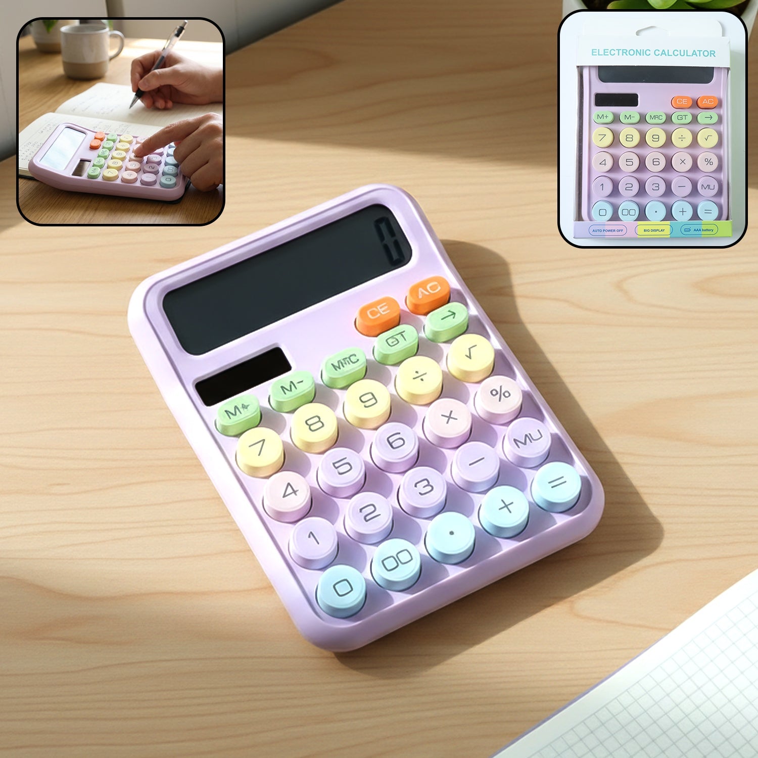 Cartoon style electronic calculator with colorful keys
