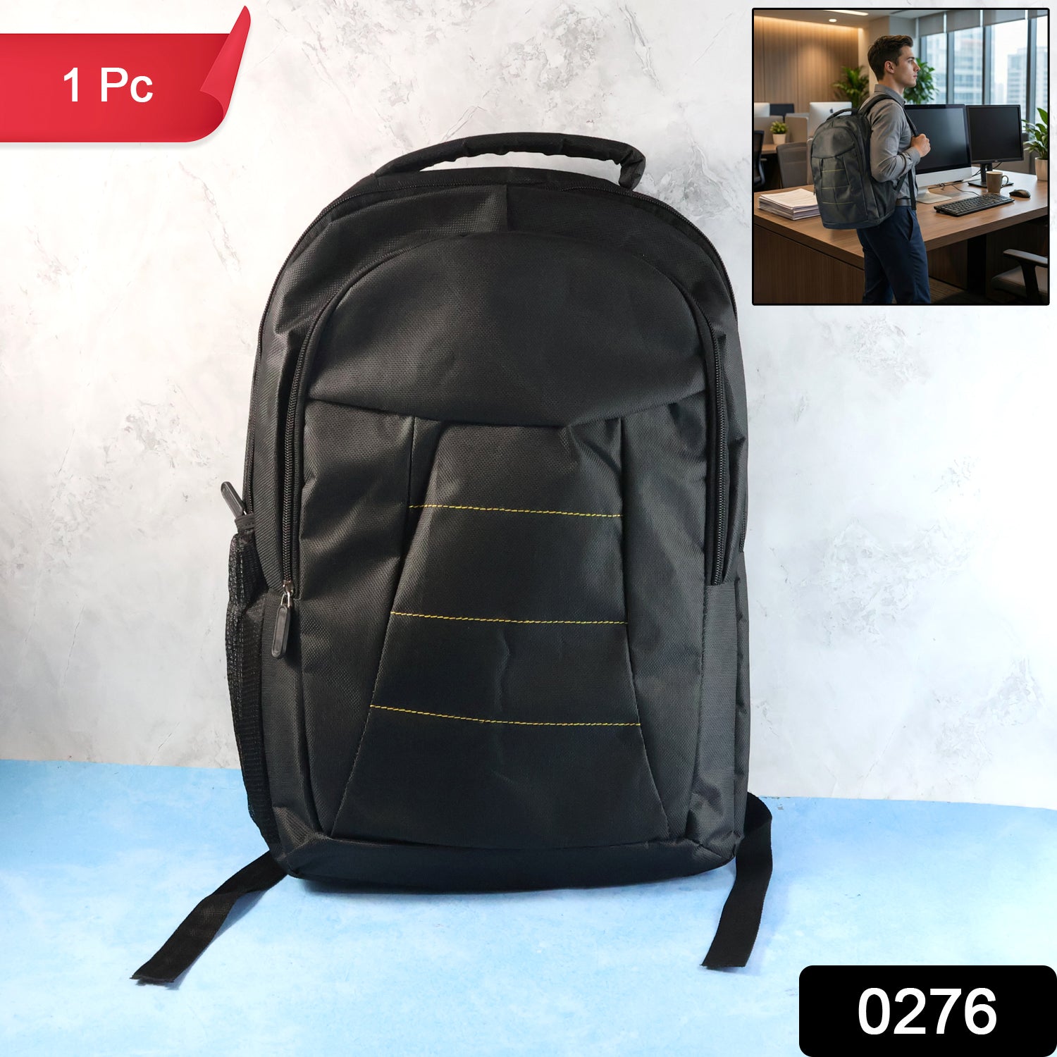 Laptop backpack front zippered pocket and adjustable strap detail