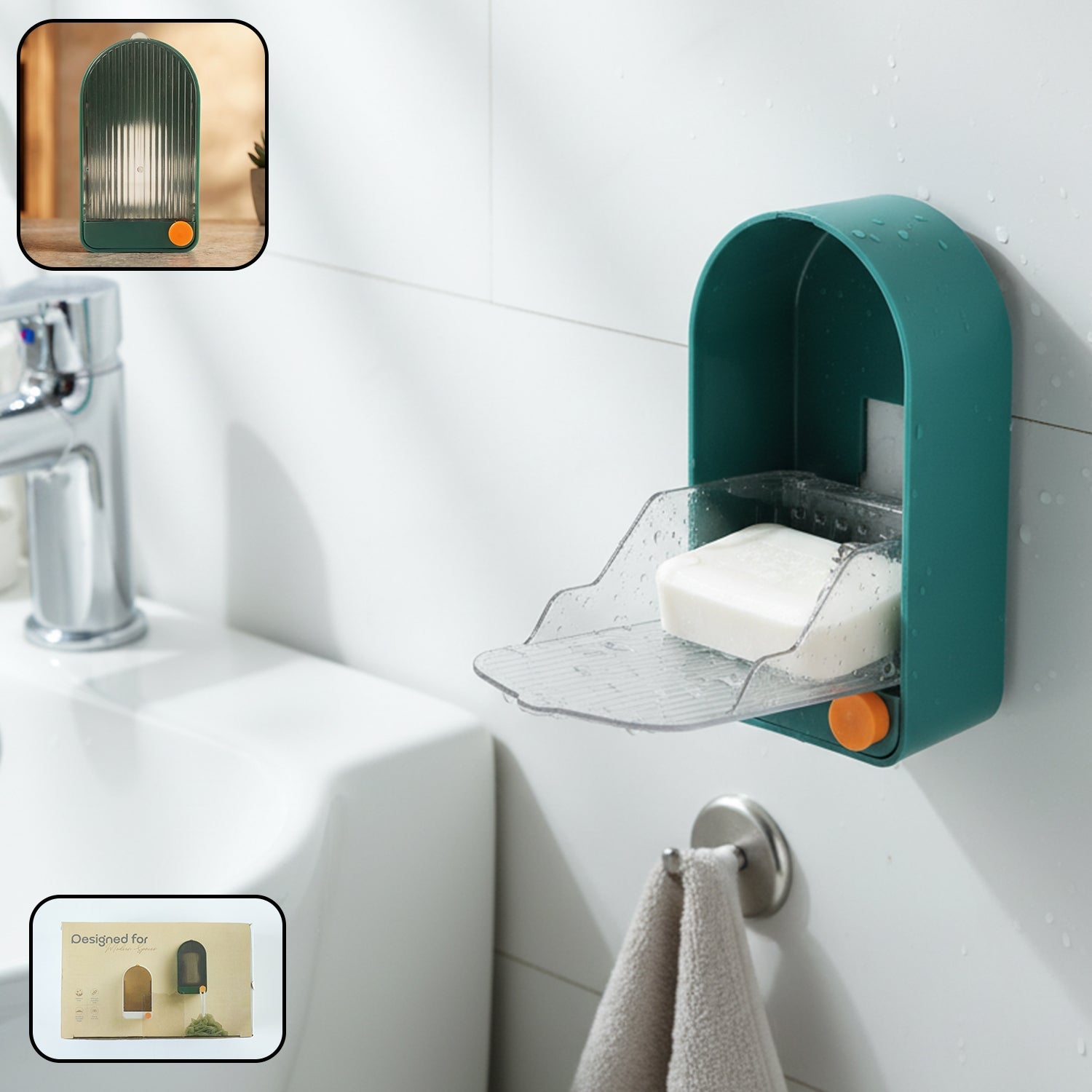 Soap holder with drain tray mounted on wall