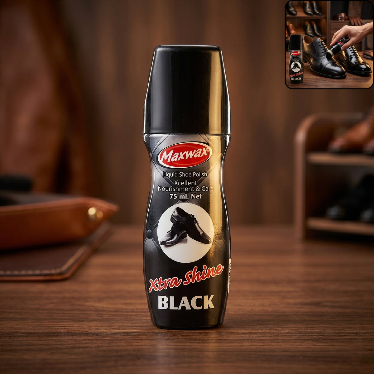 Maxwax Black Liquid Shoe Polish bottle with sponge applicator