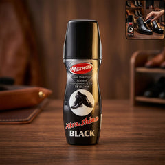 Maxwax Black Liquid Shoe Polish bottle with sponge applicator
