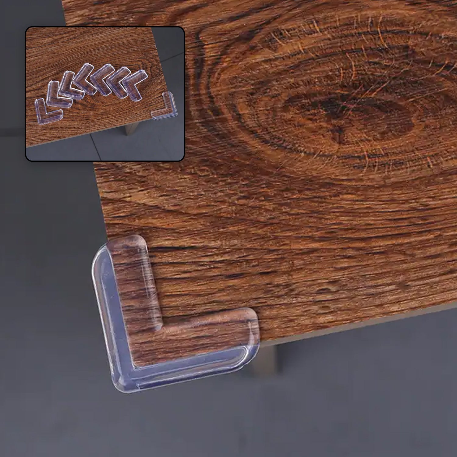 Clear silicone corner protector on table edge