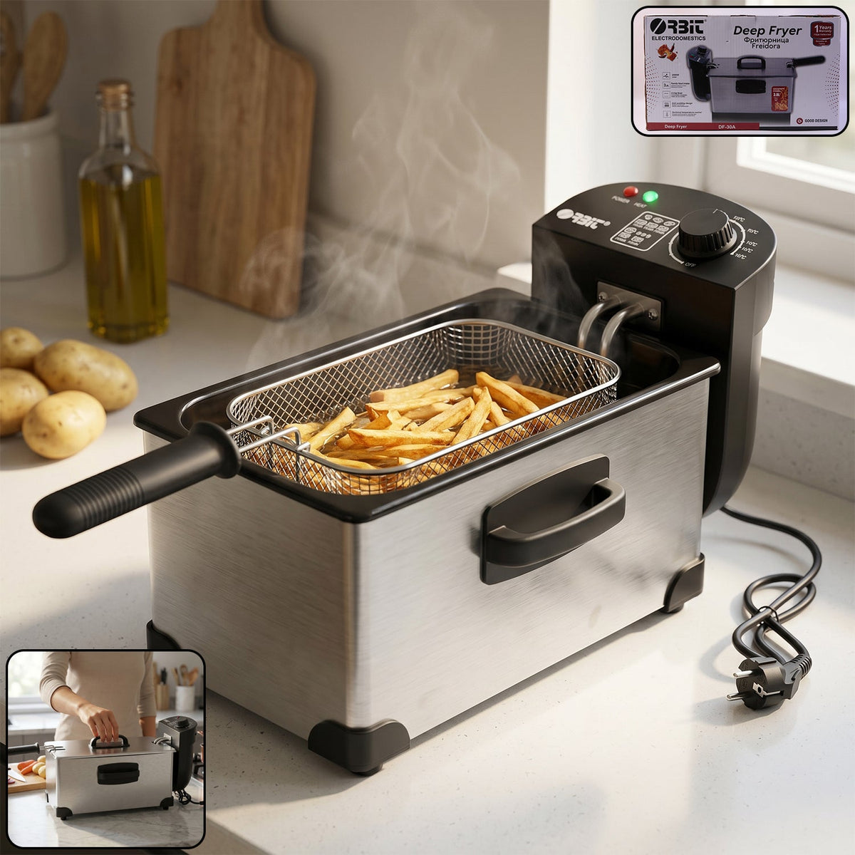 Orbit 2000W Heavy Duty Deep Fryer front view with basket