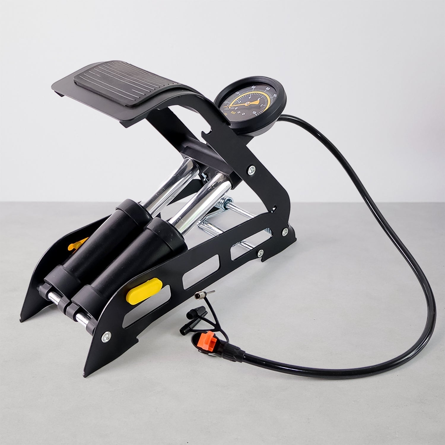 Portable dual-cylinder foot air pump for cars & bikes