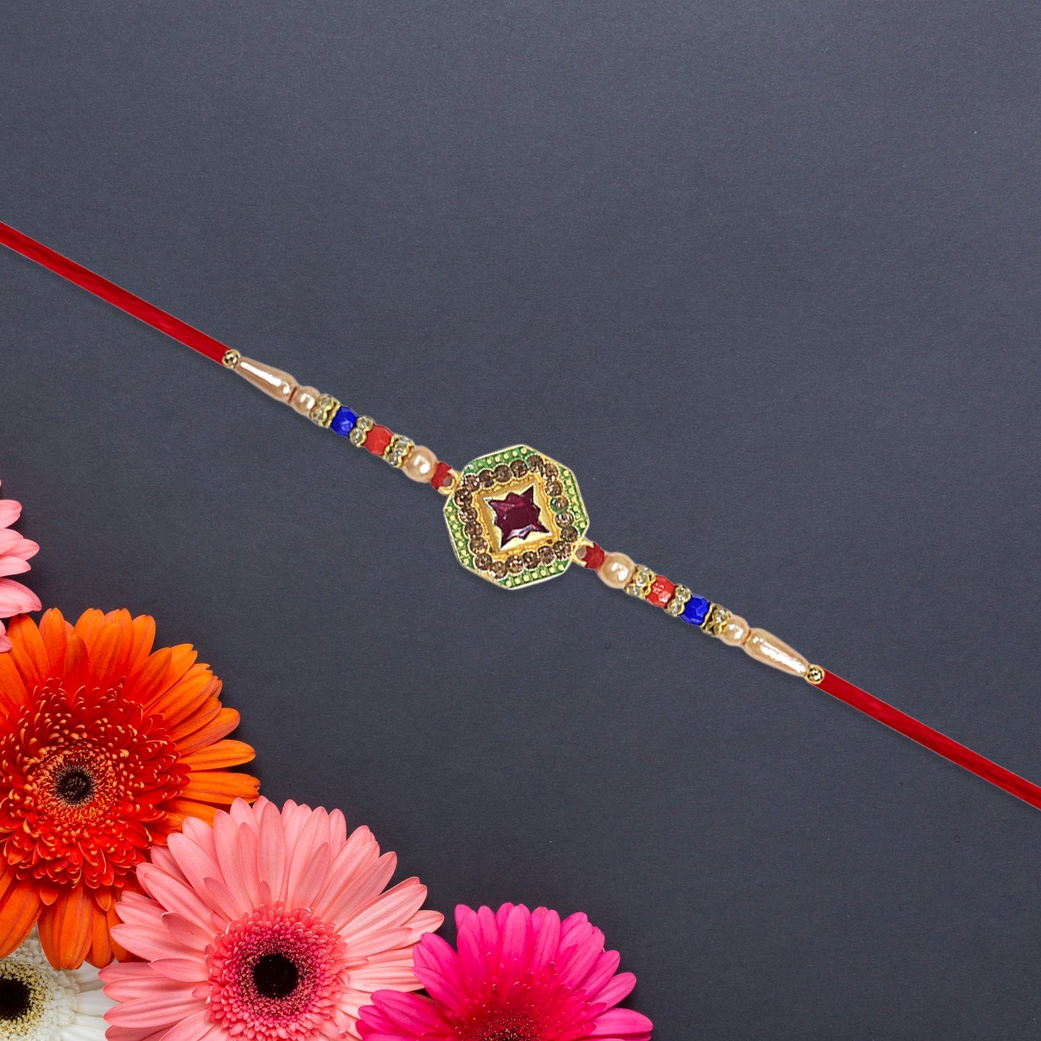 12 Pc Stone Rakhi Set with Red Center Dial, Pearl Beads & Multicolor Accents â€“ Elegant Raksha Bandhan Gift Box for Brothers