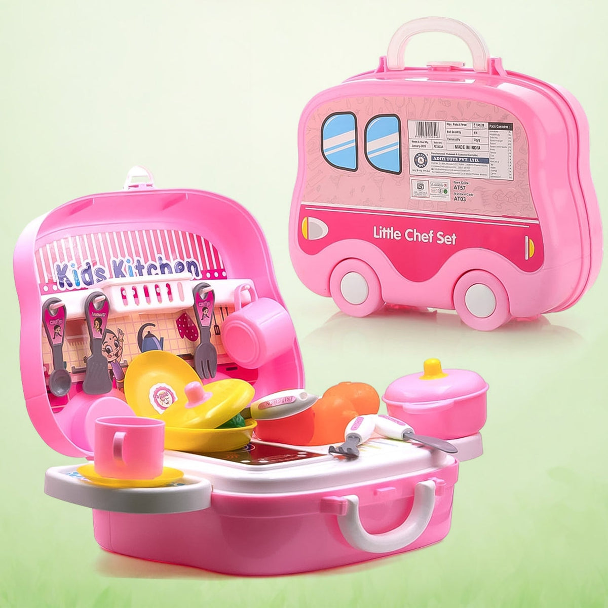 Happy children playing with 23-piece portable kitchen toy set