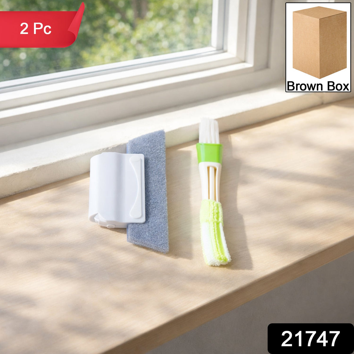 Cleaning tool set showing sponge scrubber and microfiber brush