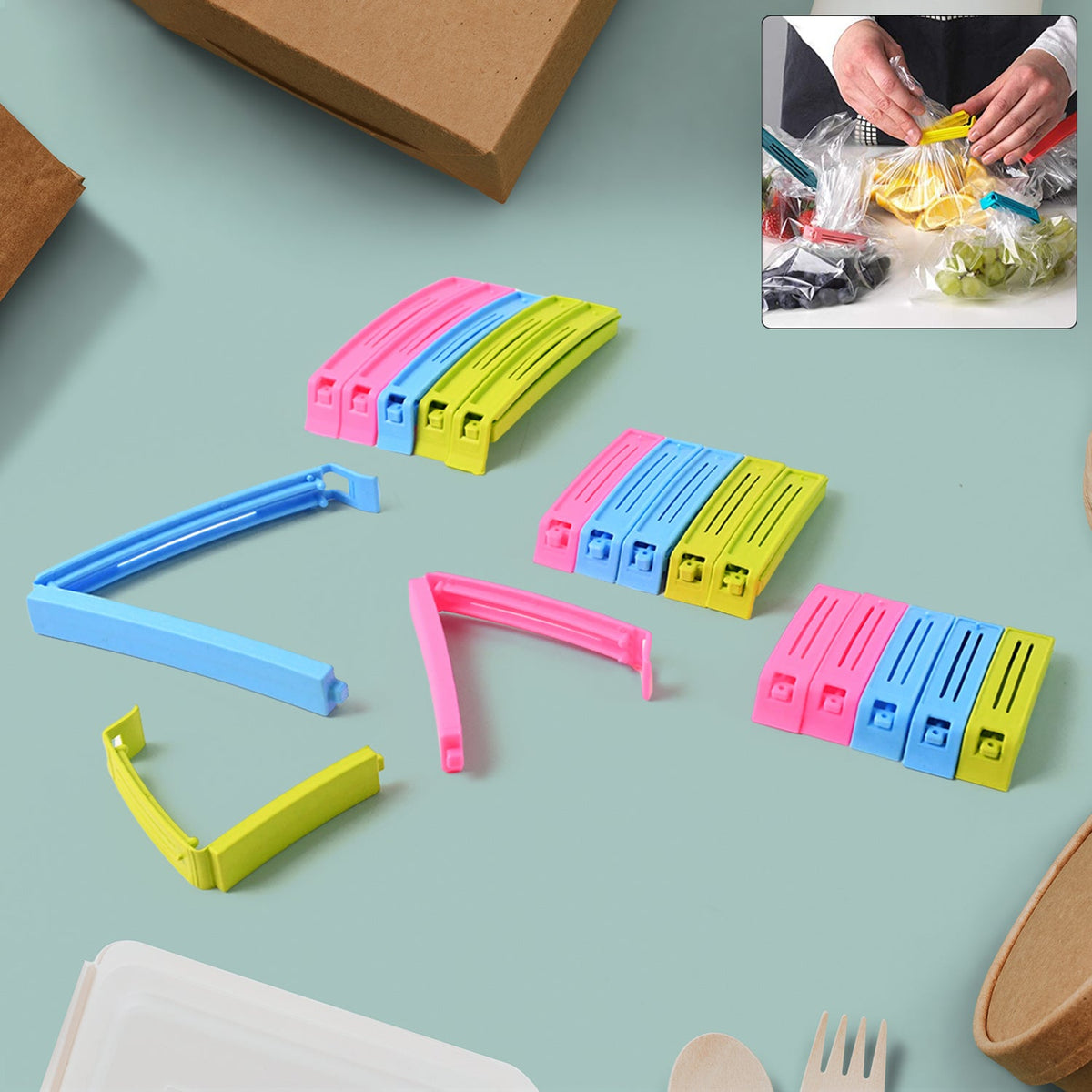18-piece plastic bag sealing clip set in assorted colors