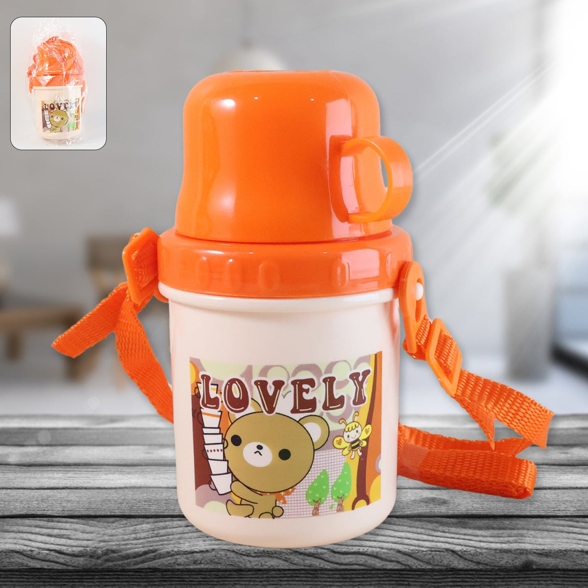 Lovely cartoon printed plastic kids cup with lid and strap