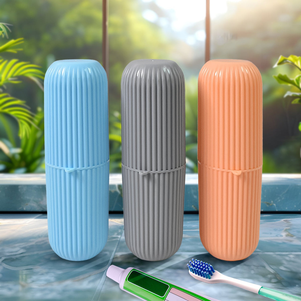 Multicolor capsule travel toothbrush & toothpaste holder set