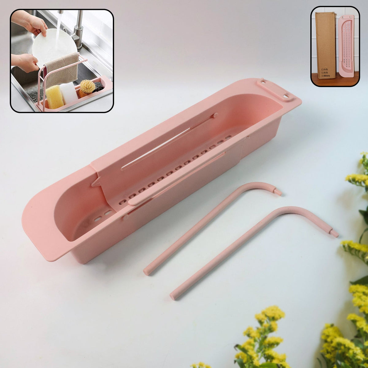 Over-sink caddy with dual towel bar and integrated drip tray