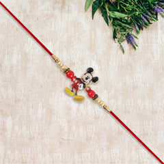 Adorable Mickey Mouse Kids Rakhi with Pearls & Golden Beads on Red Thread